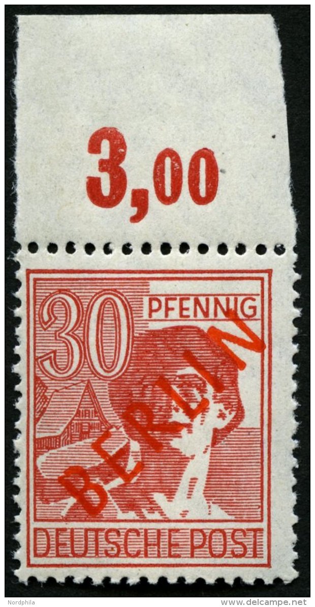 BERLIN 28POR **, 1949, 30 Pf. Rotaufdruck, Plattendruck, Oberrandst&uuml;ck, Nicht Duchgez&auml;hnt, Pracht, Gepr. Schle - Oblitérés