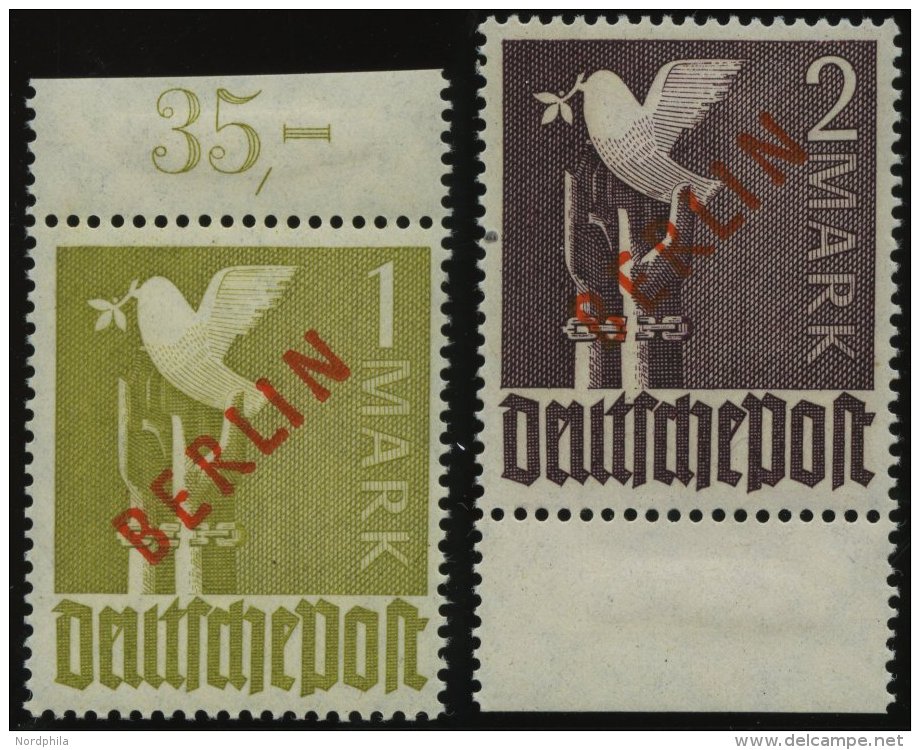 BERLIN 33/4 **, 1949, 1 Und 2 M. Rotaufdruck, 2 Prachtwerte, Gepr. A. Schlegel, Mi. 850.- - Otros & Sin Clasificación
