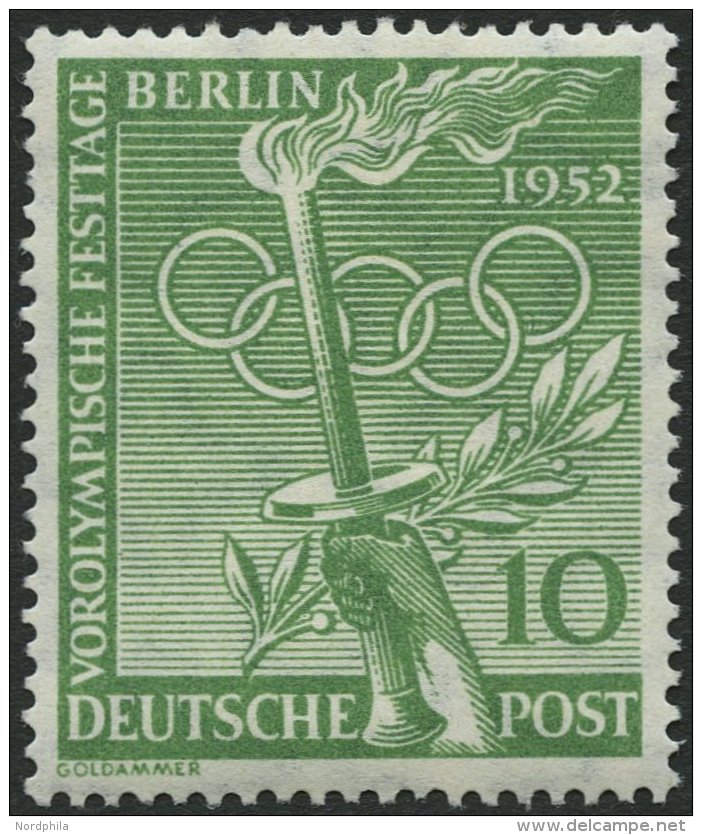 BERLIN 89y *, 1952, 10 Pf. Vorolympische Festtage, Waagerechte Gummiriffelung, Falzrest, Pracht, Mi. 100.- - Usados