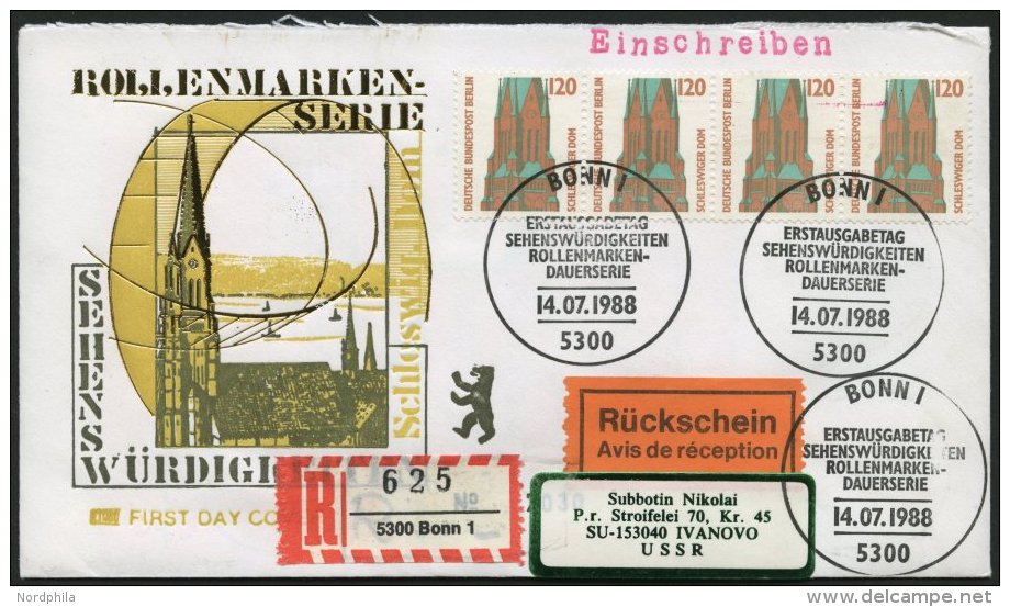 BERLIN 7053 BRIEF, 1988, 120 Pf. St. Petri-Dom Im Waagerechten Viererstreifen Als Mehrfachfrankatur Auf Einschreiben/R&u - Usados