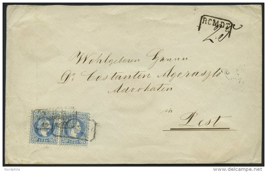 STERREICH 38I Paar BRIEF, 1867, 10 Kr. Blau, Grober Druck, Im Waagerechten Paar, Auf Brief Mit R2 TRIEST RECOMMANDIRT Na - Gebraucht