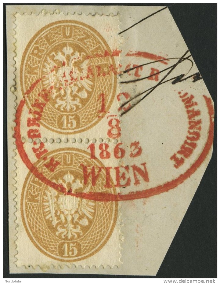 STERREICH 28 Paar BrfStk, 1863, 15 Kr. Braun Im Senkrechten Paar Auf Briefst&uuml;ck, Roter Ovalstempel K.K. BRIEF-FILIA - Gebraucht