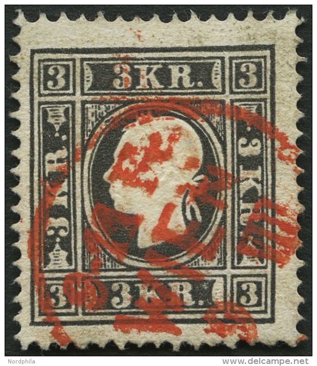 STERREICH 11II O, 1858, 3 Kr. Schwarz, Type II, Roter K1 WIEN, Pracht, Fotobefund Dr. Ferchenbauer - Gebraucht
