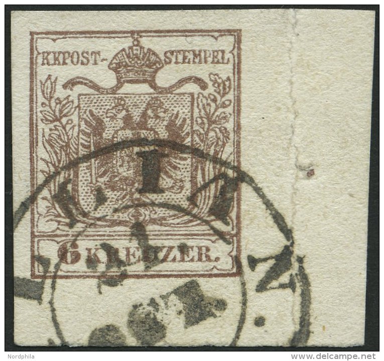 STERREICH 4Y O, 1854, 6 Kr. Braun, Maschinenpapier, Eckrandst&uuml;ck 11:6 Mm Und Nadelpunkt, K2 (SI)LLIAN, Oben Rechts - Usados