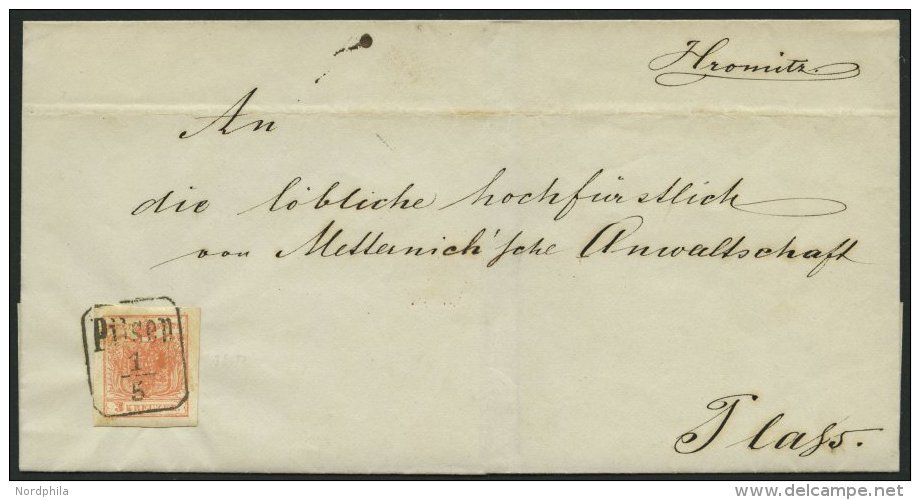 STERREICH 3Y BRIEF, 1858, 3 Kr. Rot, Maschinenpapier, Type IIIa, R3 PILSEN, Breitrandiges Prachtst&uuml;ck Auf Brief Nac - Otros & Sin Clasificación