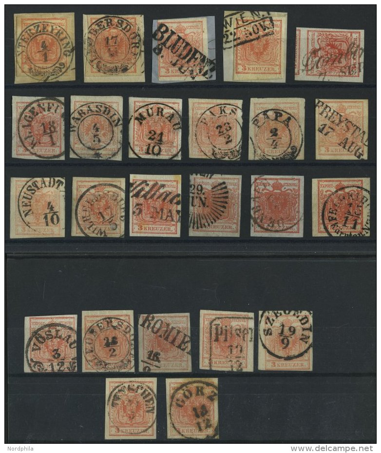 STERREICH 3X,Y, O,BrfStk , 1850/54, 3 Kr. Rot, 24 Sch&ouml;ne Pracht- Und Kabinettwerte, Dabei Seiden- Und Kartonpapier, - Sonstige & Ohne Zuordnung