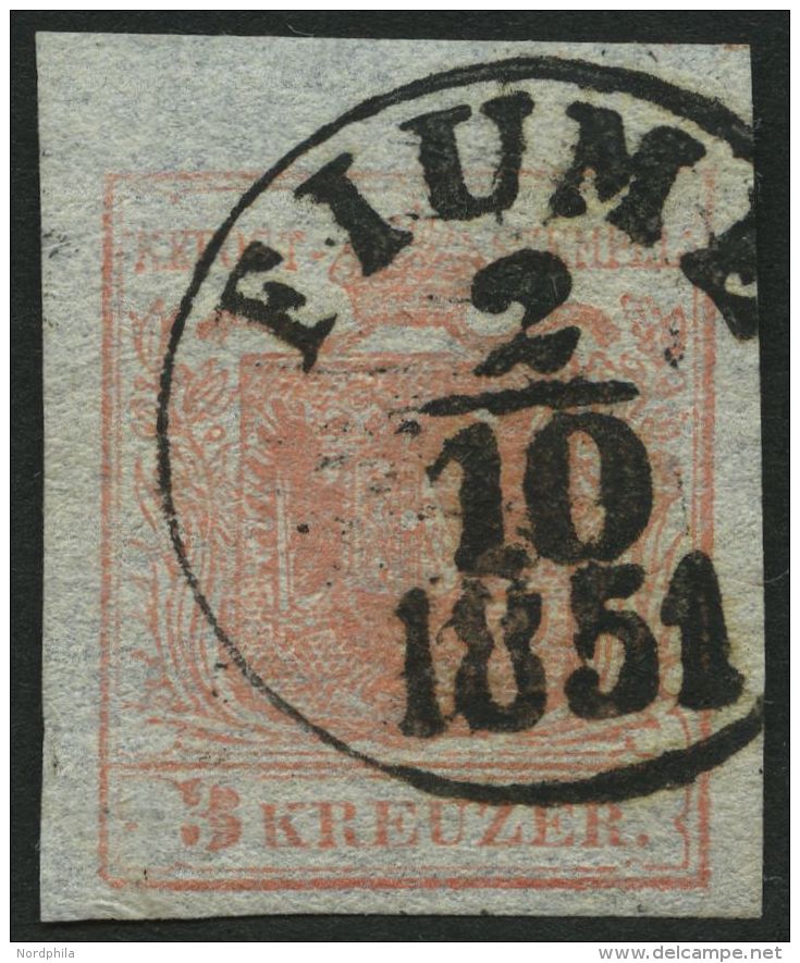 STERREICH 3X O, 1850, 3 Kr. Rot, Handpapier, Type I, Seidenpapier, K1 FIUME, Kabinett - Otros & Sin Clasificación