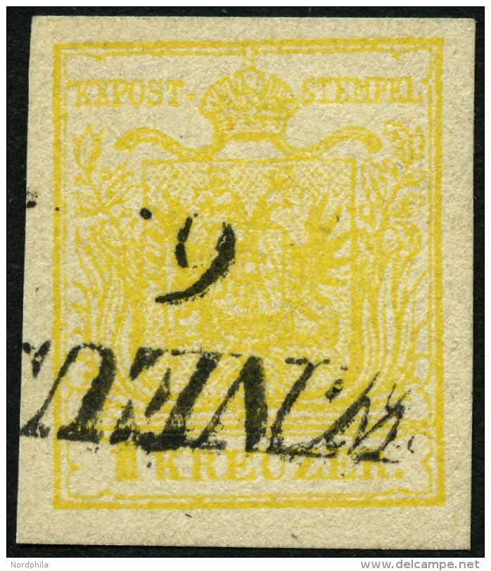 STERREICH 1Yd O, 1854, 1 Kr. Kadmiumgelb, Maschinenpapier, Type III, Pracht, Gepr. Dr. Ferchenbauer - Gebraucht