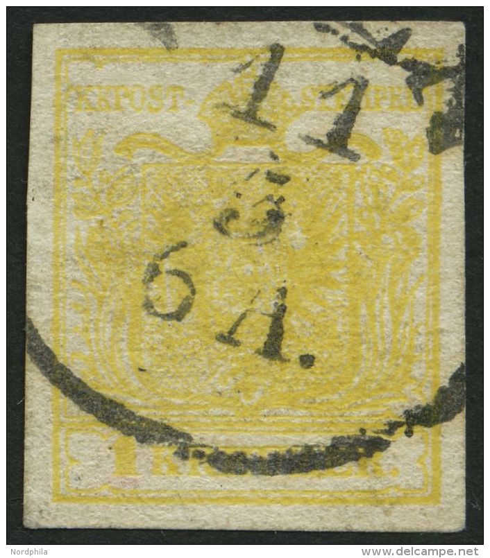 STERREICH 1Ya O, 1854, 1 Kr. Gelb, Maschinenpapier, Type III, Maschiges Papier, Pracht, Befund Dr. Ferchenbauer - Autres & Non Classés