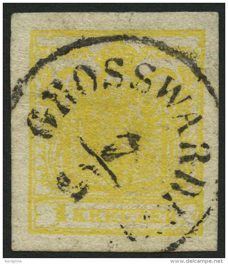 STERREICH 1Ya O, 1854, 1 Kr. Gelb, Maschinenpapier, Type Ia, Ungarischer K1 GROSSWARDEIN, Breitrandig, Pracht - Sonstige & Ohne Zuordnung