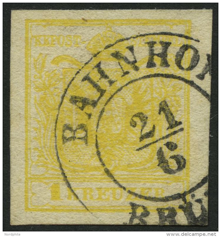 STERREICH 1Ya O, 1854, 1 Kr. Gelb, Maschinenpapier, Type Ia, K2 BAHNHOF BR&Uuml;NN, Kabinett - Otros & Sin Clasificación