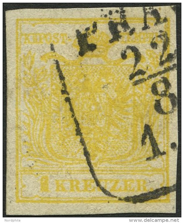 STERREICH 1Ya O, 1854, 1 Kr. Gelb, Maschinenpapier, Type III, R4 PRA(G), Pracht, Fotobefund Dr. Ferchenbauer, Mi. 120.- - Gebraucht