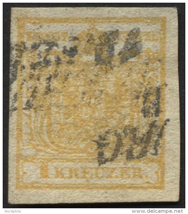 STERREICH 1XaDG O, 1850, 1 Kr. Gelb, Handpapier, Doppelseitiger Druck, Pracht, Mi. 180.- - Gebraucht