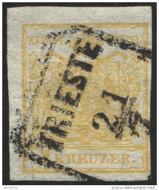 STERREICH 1XaDG O, 1850, 1 Kr. Gelb, Handpapier, Doppelseitiger Druck, Stempel TRIESTE, Pracht, Mi. 180.- - Oblitérés