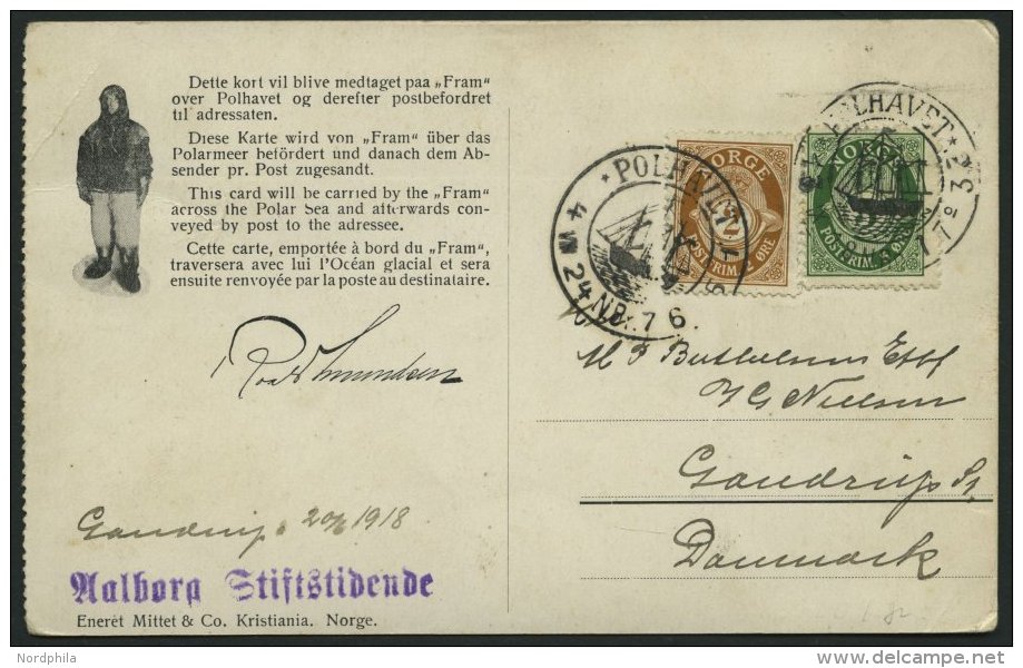 NORWEGEN 76,78 BRIEF, 1924, Fram - Karte, Rechts Gez&auml;hnt, Von POLHAVET Nach D&auml;nemark, Oben Rechts Eckbug Sonst - Sonstige & Ohne Zuordnung