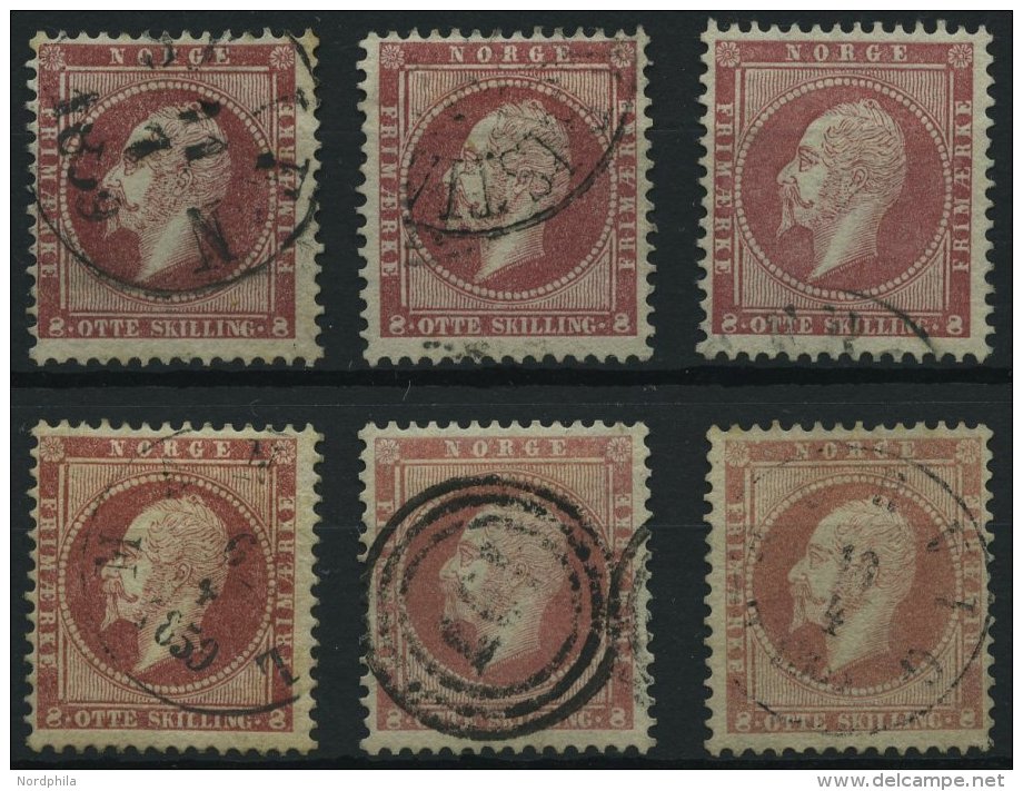 NORWEGEN 5 O, 1856, 8 Sk. Karmin, 6 Prachtwerte In Farbnuancen, Mi. (240.-) - Sonstige & Ohne Zuordnung