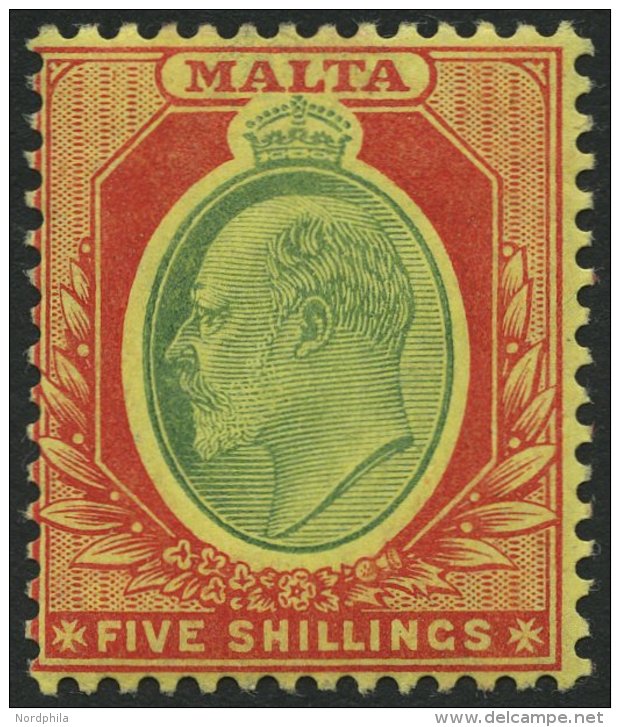 MALTA 40 *, 1911, 5 Sh. Karmin/hellgr&uuml;n Auf Gelb, Falzrest, Pracht, Mi. 90.- - Malta