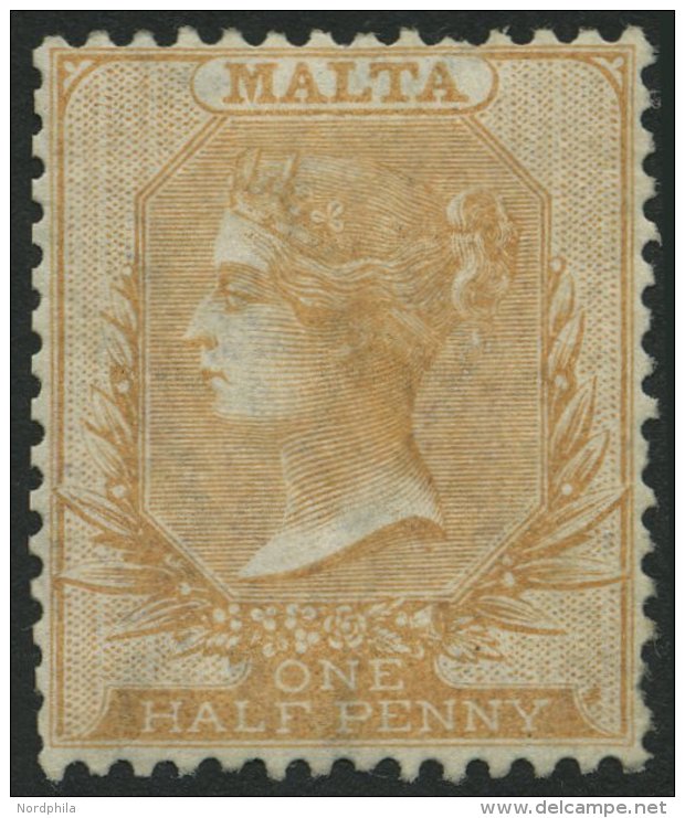 MALTA 2B *, 1863, 1/2 P. Braunorange, Gez&auml;hnt K 14, Falzreste, &uuml;blich Gez&auml;hnt Pracht, Gepr. Drahn, Mi. 12 - Malta