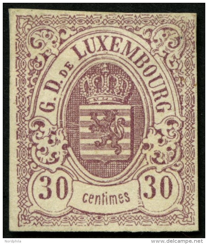 LUXEMBURG 9 (*), 1859, 30 C. Rotlila, Kleine Gummireste, Pracht, Gepr. B&uuml;hler, Mi. 360.- - Dienstmarken