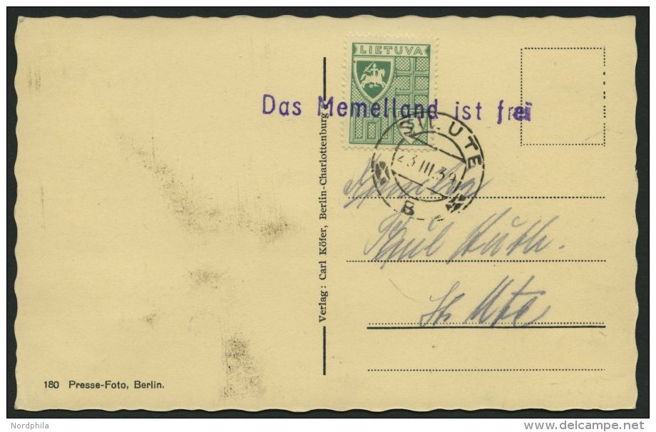 LITAUEN 409 BRIEF, 1939, 5 C. Gr&uuml;n Auf Hitler-Fotokarte, Stempel SILUTE Und Violetter L1 Das Memelland Ist Frei, Pr - Lituania