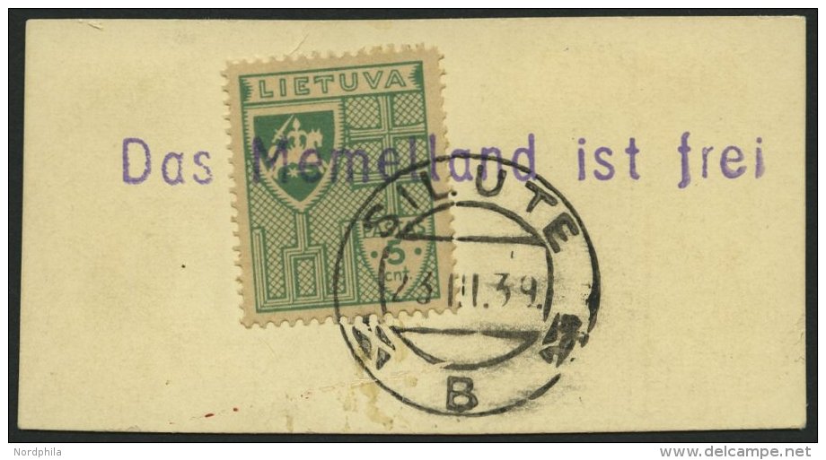 LITAUEN 409 BrfStk, 1939, 5 C. Gr&uuml;n Mit Stempel SILUTE Und Violettem L1 Das Memelland Ist Frei, Prachtbriefst&uuml; - Lituania