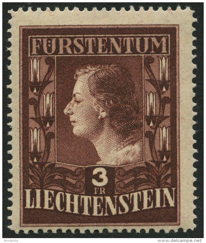 LIECHTENSTEIN 305BW **, 1951, 3 Fr. F&uuml;rstin Gina, Gez&auml;hnt L 14 3/4, Wz. 2 W, Pracht, Mi. 170.- - Otros & Sin Clasificación