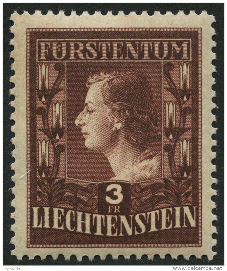 LIECHTENSTEIN 305A **, 1951, 3 Fr. F&uuml;rstin Gina, Gez&auml;hnt L 121/2:12, Feinst (Gummi Leicht Get&ouml;nt), Mi. 26 - Otros & Sin Clasificación