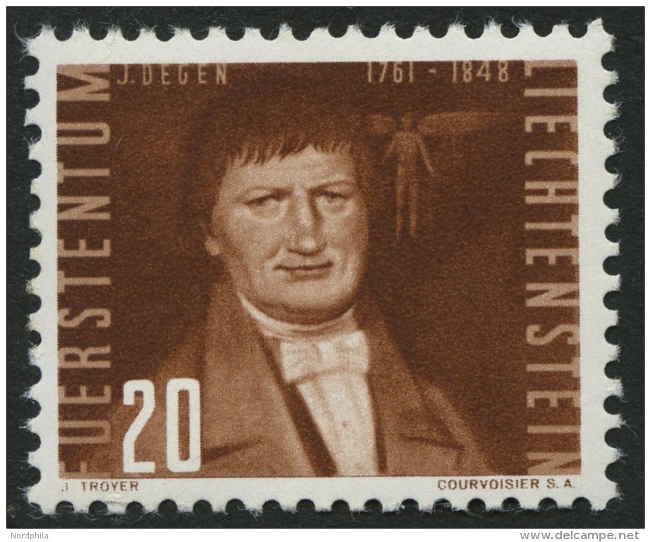 LIECHTENSTEIN 259b **, 1950, 20 Rp. Dunkelr&ouml;tlichbraun Jakob Degen, Feinst, Mi. 170.- - Sonstige & Ohne Zuordnung