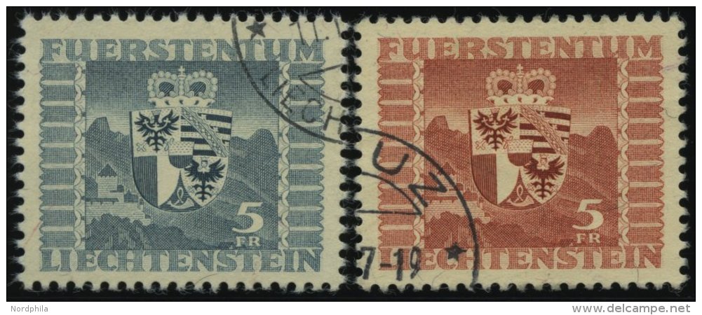 LIECHTENSTEIN 243,252 O, 1945/7, 5 Fr. Wappen, 2 Prachtwerte, Mi. 105.- - Otros & Sin Clasificación