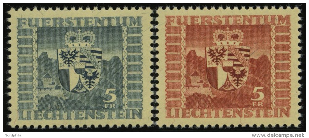 LIECHTENSTEIN 243,252 **, 1945/7, 5 Fr. Wappen, 2 Prachtwerte, Mi. 79.- - Sonstige & Ohne Zuordnung