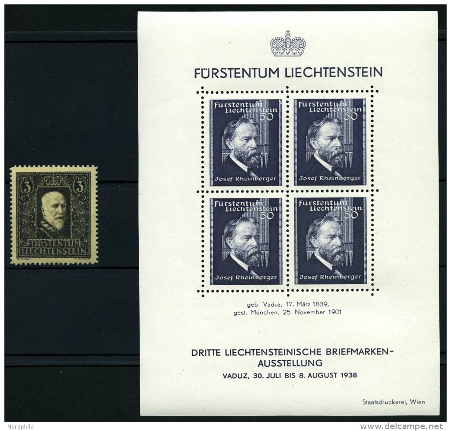 LIECHTENSTEIN Bl. 3,171 **, 1938, Block Briefmarken-Ausstellung Und 3 Fr. Tod Von F&uuml;rst Franz I, Pracht, Mi. 104.- - Sonstige & Ohne Zuordnung