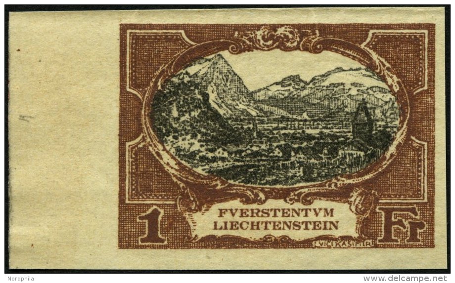 LIECHTENSTEIN 60P1 (*), 1921, 1 Fr., Ungez&auml;hnte Farbprobe In Braun, Pracht, Fotoattest Marxer (Kopie Eines Ehemalig - Otros & Sin Clasificación