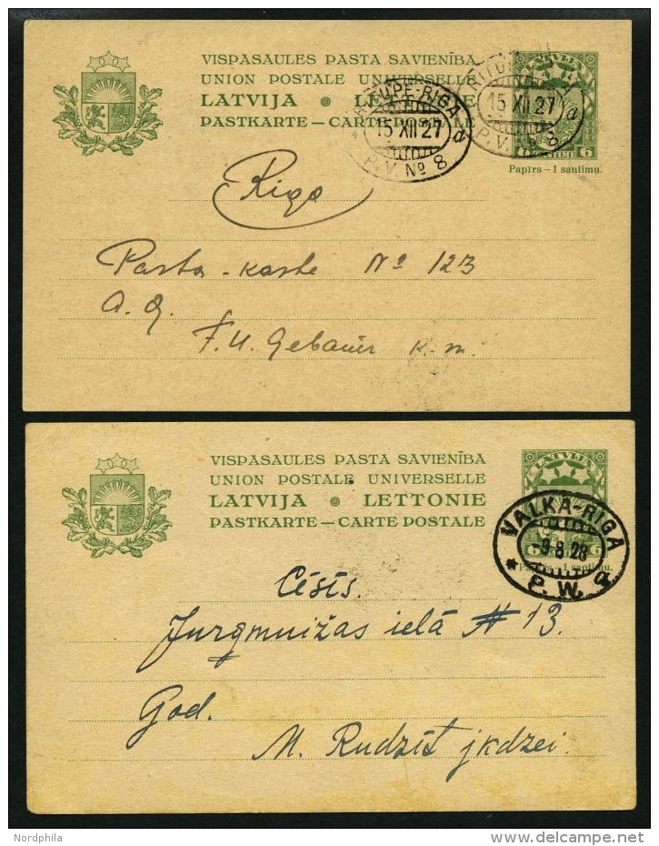 LETTLAND P 3 BRIEF, 1927/8, 6 S. Gr&uuml;n, 2 Karten Mit Bahnpoststempeln VALKA-RIGA Und RITUPE-RIGA, Pracht - Letonia