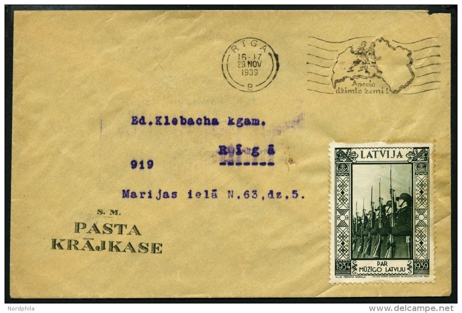 LETTLAND 1939, Geb&uuml;hrenfreier Brief Der Postsparkasse Mit Seltener Vignette Und Maschinenwerbestempel RIGA B APECLO - Lettland