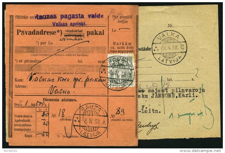 LETTLAND 152 BRIEF, 1938, 50 S. Lilagrau Auf Lachsfarbener Paketkarte Mit Anh&auml;ngender PAVESTE, Pracht - Lettland