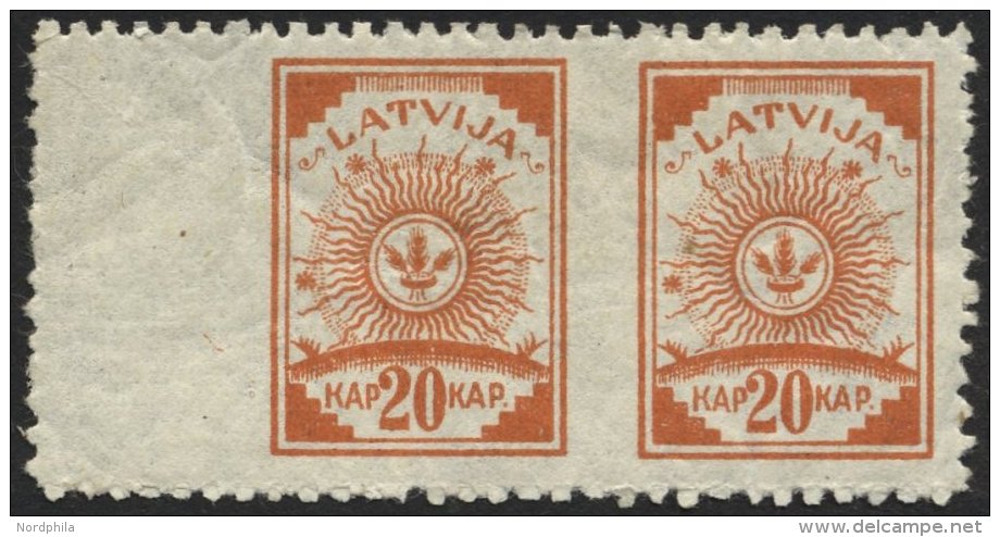 LETTLAND 47UMs *, 1920, 20 K. Orange Im Waagerechten Paar, In Der Mitte Ungez&auml;hnt, Falzrest, Pracht - Letonia