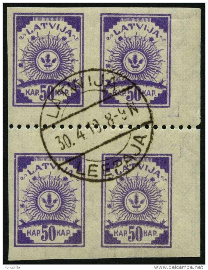 LETTLAND 22y VB O, 1919, 50 K. Violett, Senkrecht Geripptes Papier, Im Viererblock Mit Waagerechter Z&auml;hnung L 9 3/4 - Lettland