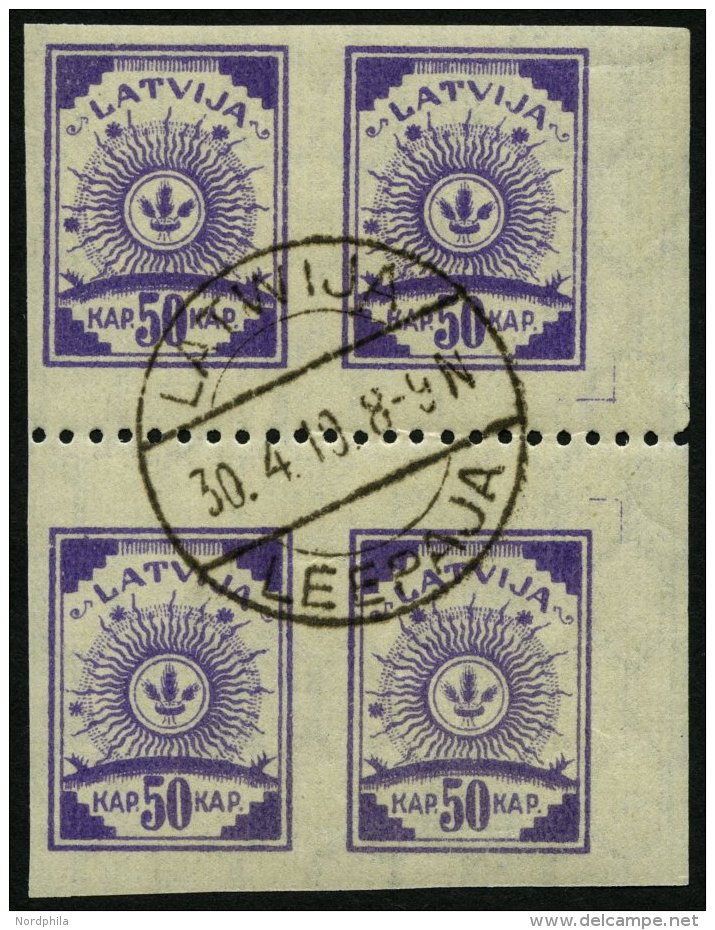 LETTLAND 22y VB O, 1919, 50 K. Violett, Senkrecht Geripptes Papier, Im Viererblock Mit Waagerechter Z&auml;hnung L 9 3/4 - Letonia