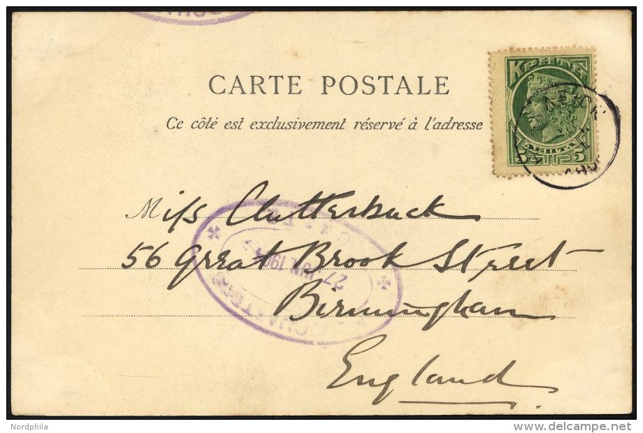 KRETA 2 BRIEF, 1904, 5 L. Gr&uuml;n Auf Feldpostkarte Mit Violettem Ovalstempel Des Hauptquartiers HEADQURTERS-CRETE (Da - Crète