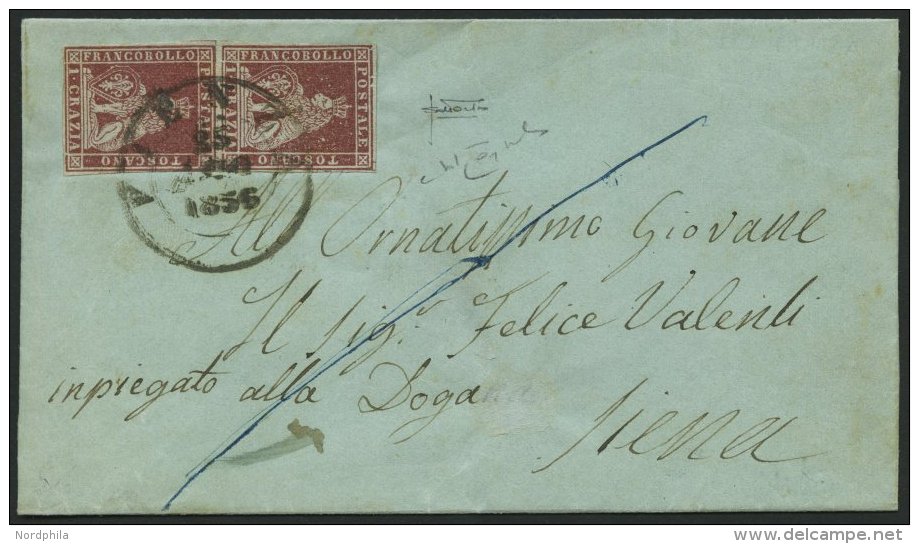 TOSCANA 4yb Paar BRIEF, 1856, 1 Cr. Braunkarmin, Graues Papier, Im Senkrechten Paar (Sassone Nr. 4e) Auf Brief Von PIENZ - Toskana