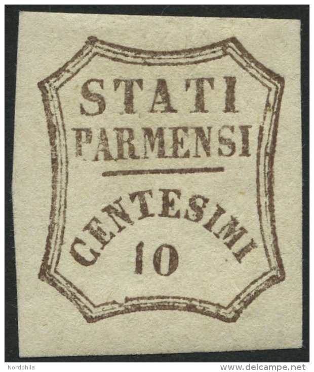 PARMA 13 *, 1859, 10 C. Dunkelbraun, Falzreste, Breitrandig, Pracht, Signiert Thier Und K&ouml;hler, Mi. 750.- - Parma