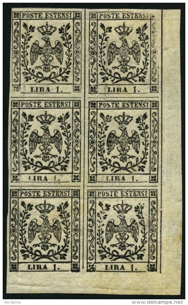 MODENA 6 **, *, 1852, 1 L. Schwarz Im Sechserblock Aus Der Rechten Unteren Bogenecke, Pracht - Modena