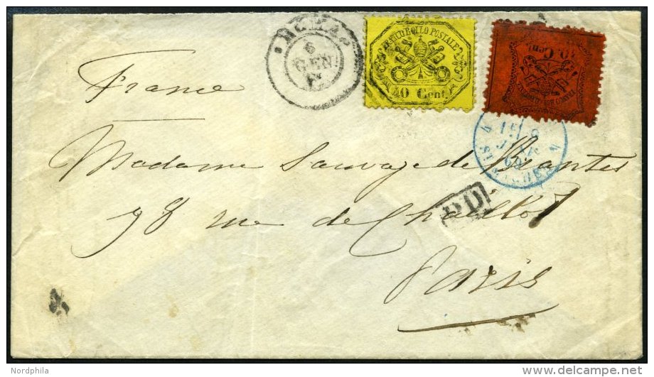KIRCHENSTAAT 22x,24a BRIEF, 1869, 10 C. Schwarz Auf Rot, Glanzpapier Und 40 C. Schwarz Auf Hellgelb Auf Brief Von ROM Na - Etats Pontificaux