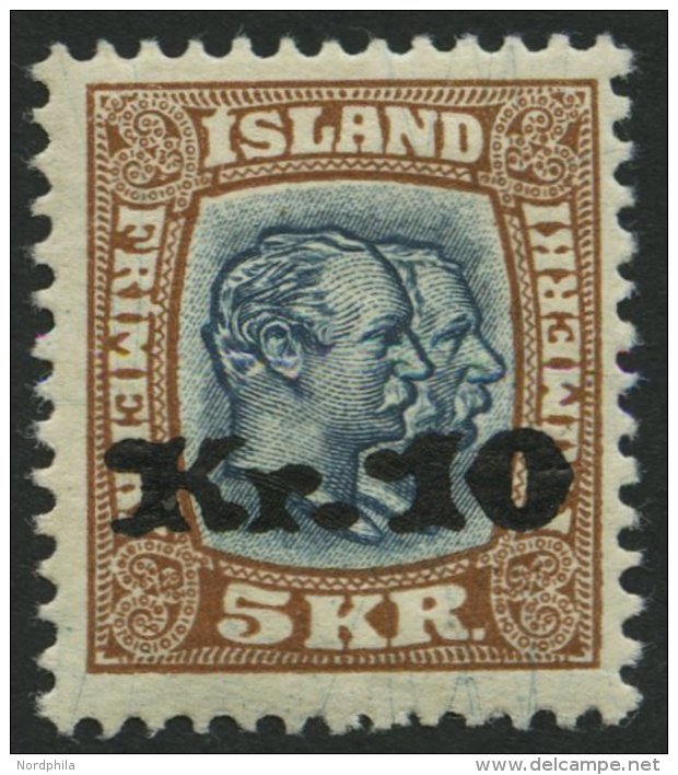 ISLAND 141 *, 1930, 10 Kr. Auf 5 Kr. Doppelportrait, Falzrest, Pracht, Signiert Zumstein - Otros & Sin Clasificación