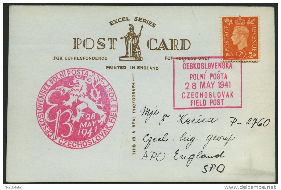 BRITISCHE MILIT&Auml;RPOST 1941, 2 P. Orange Auf Ansichtskarte Mit Tschechischem Feldpoststempel Nr. 1 Und 12, Pracht - Gebraucht