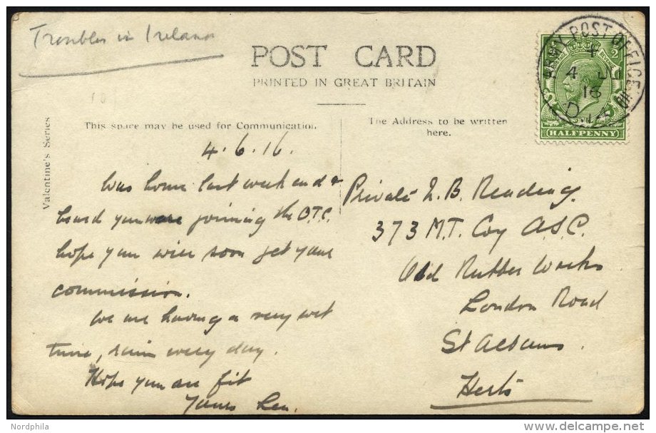 BRITISCHE MILIT&Auml;RPOST 127 BRIEF, 1916, 1/2 P. Gelbgr&uuml;n Mit K1 ARMY POST OFFICE/D 14 Auf Feldpost-Ansichtskarte - Otros & Sin Clasificación