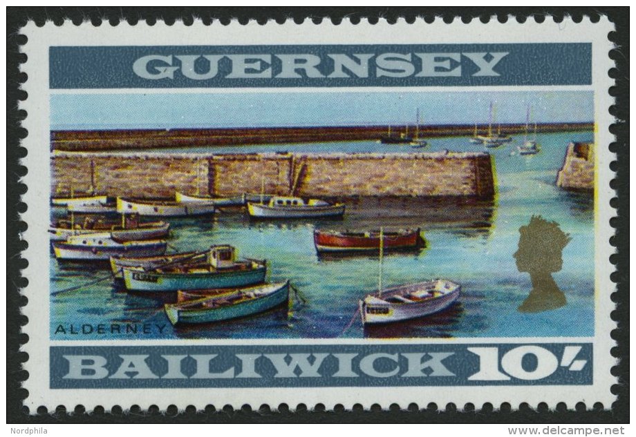 GUERNSEY 22B **, 1970, 10 Sh. Hafen Von Alderney, Gez&auml;hnt K 131/4:13, Pracht, Mi. 60.- - Guernsey