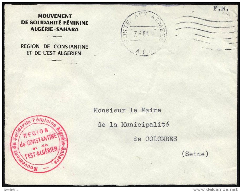 FRANKREICH FELDPOST 1961, K1 POSTE AUX ARMEES/A.F.N. Auf Armeebrief Der Frauensolidarit&auml;tsbewegung Der Sahara-Regio - Other & Unclassified