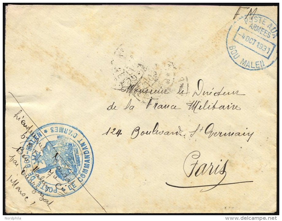 FRANKREICH FELDPOST 1931, Blauer Feldpoststempel POSTE AUX/ARMEES/Datum/BOU MALEN Sowie Blauer Briefstempel POSTE BOU-MA - Sonstige & Ohne Zuordnung