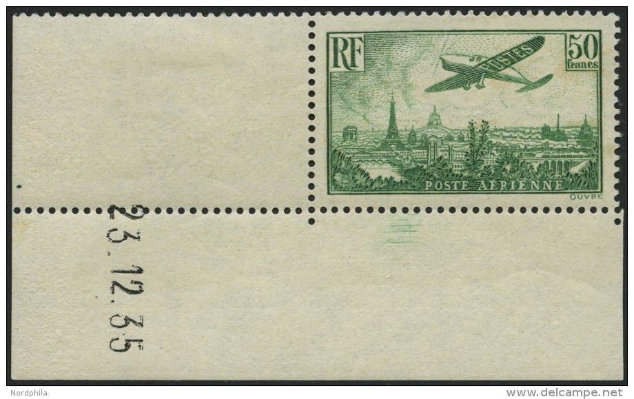 FRANKREICH 311a **, 1936, 50 Fr. Gelbgr&uuml;n Flugzeug &uuml;ber Paris, Bogenecke Mit Druckdatum, Pracht, Gepr. Calves, - Sonstige & Ohne Zuordnung